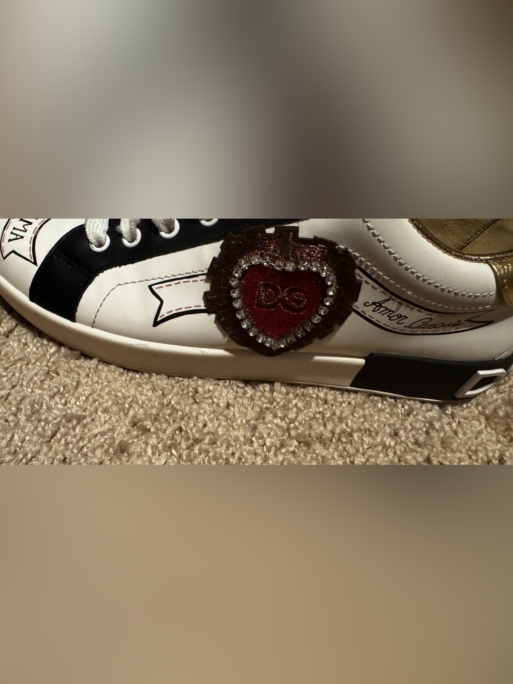 Dolce & Gabbana White Kids Sneakers with Red Heart and Crystal Trim